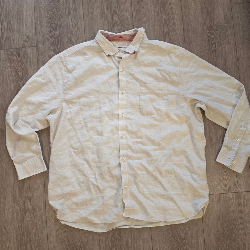 Tommy Bahama Mens XXXL Beige Linen Blend Long Sleeve Button Down Shirt XXXL